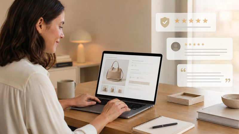 E-ticaret ürün sayfasındaki doğrulanabilir müşteri yorumlarını inceleyen kadın girişimci