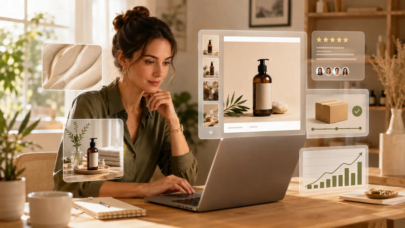 Ürün sayfasındaki görsel, yorum, kargo ve dönüşüm verilerini inceleyen e-ticaret girişimcisi